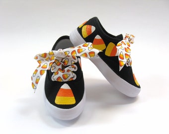 Candy Corn Halloween Shoes, Hand Painted Black Sneakers for Toddlers