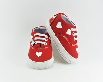 Valentine Crib Shoes, Infant Red Hearts Sneakers Hand Painted for Baby