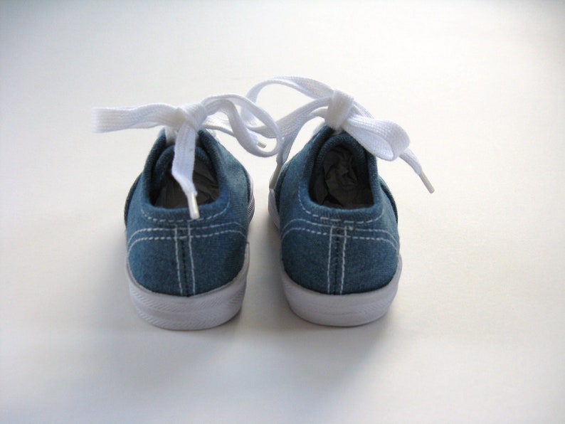 Red Apple Shoes, Hand Painted Blue Denim Sneakers for Toddlers image 6