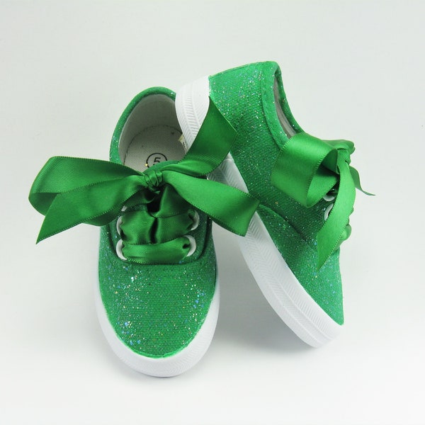 Green Glitter Shoes, Sparkled Sneakers Hand Painted for Babies and Toddlers