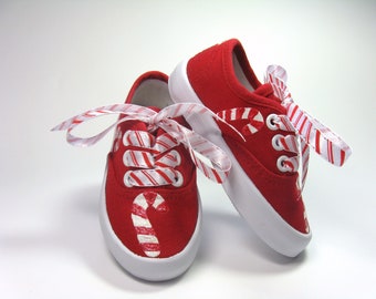 Candy Cane Shoes, Christmas Sneakers Hand Painted for a Baby or Toddler