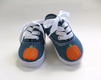 Pumpkin Thanksgiving Sneakers,  Denim Shoes Hand Painted for Baby or Toddler