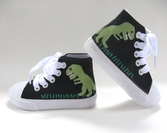 Dinosaur Shoes, T Rex on Black Hi Top Sneakers Hand Painted for Toddlers