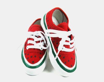 Watermelon Shoes, Hand Painted Red Sneakers for Toddlers
