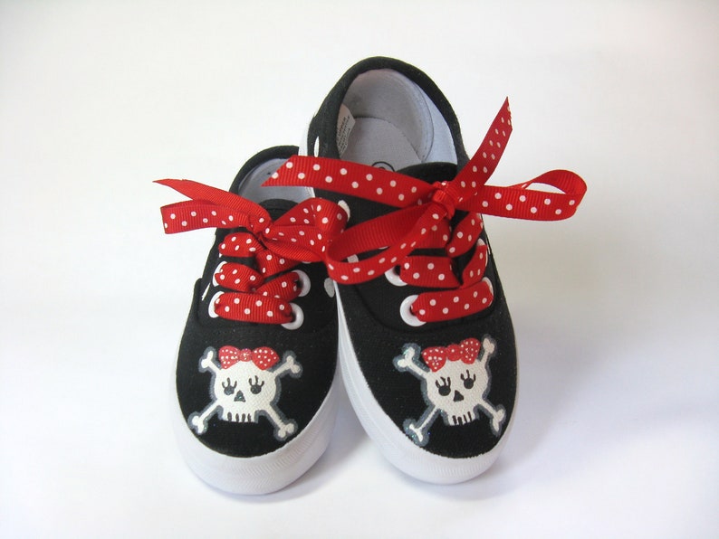 Girl's Pirate Shoes, Hand Painted Black Sneakers for Toddlers image 1