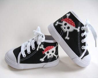Pirate Shoes, Hand Painted Black Hi Tops for Baby Size 2