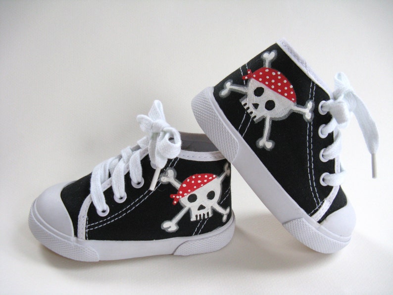Pirate Shoes, Hand Painted Black Hi Tops for Baby Size 2 image 1
