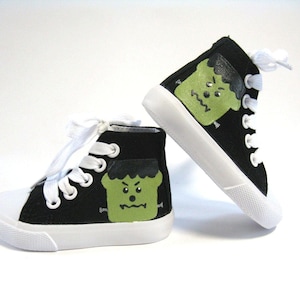 Frankenstein  Shoes, Halloween Black Hi Top Sneakers Hand Painted for Toddlers