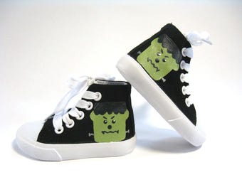 Frankenstein  Shoes, Halloween Black Hi Top Sneakers Hand Painted for Toddlers