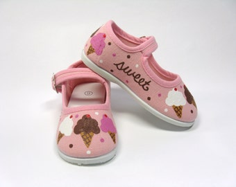 Ice Cream Cone Shoes, Hand Painted Pink Mary Janes for Baby or Toddler