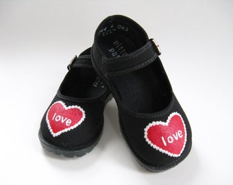 Valentine Shoes With  Red Hearts, Hand Painted Mary Jane's for Baby or Toddler