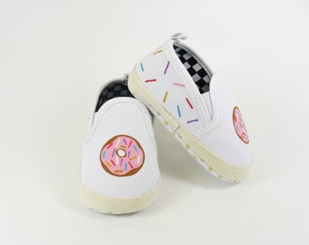 Donut Crib Shoes, White Slip Ons Hand Painted for a Baby