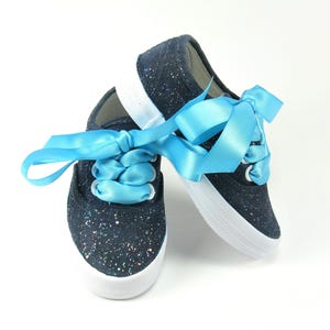 Mermaid Glitter Shoes, Blue Sparkled Sneakers Hand Painted for Toddlers