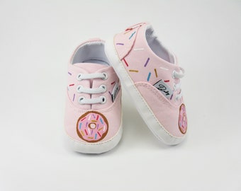 Donuts on Pink Crib Shoes With Rainbow Candy Sprinkles, Hand Painted for Babies