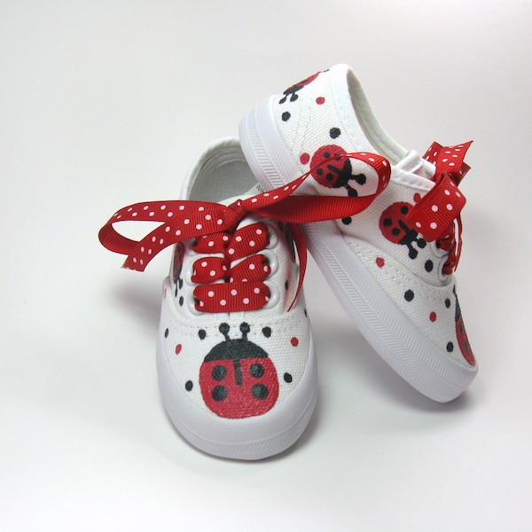 Red Ladybug Shoes, Hand Painted  White Sneakers for Baby and Toddlers