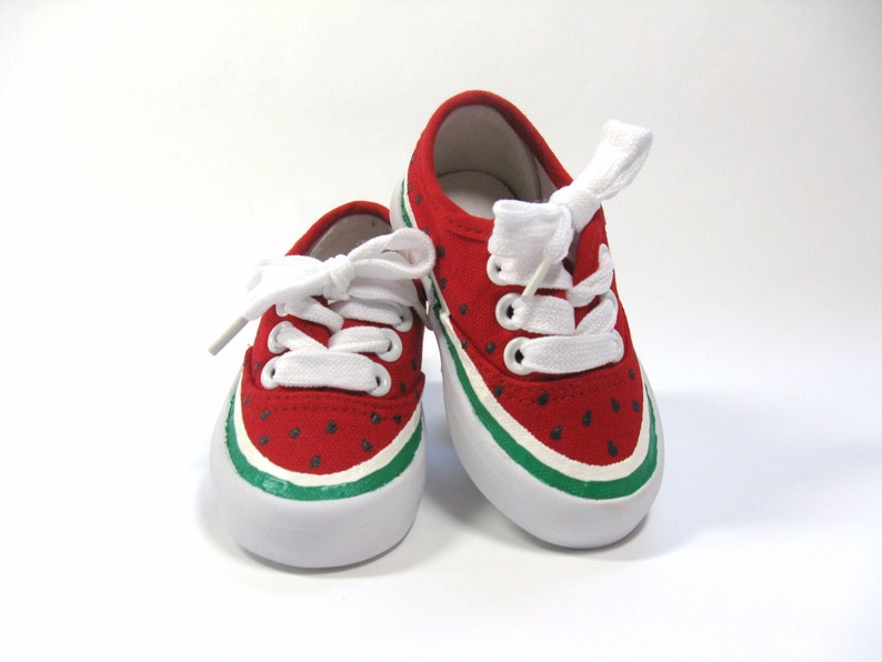 Watermelon Shoes, Hand Painted Red Sneakers for Toddlers, One in a Melon Party image 5