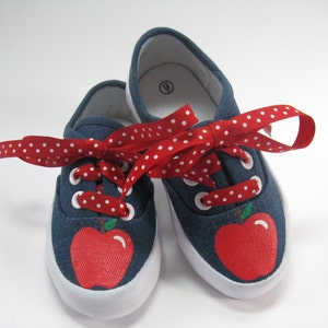 Red Apple Shoes, Hand Painted Blue Denim Sneakers for Toddlers image 1