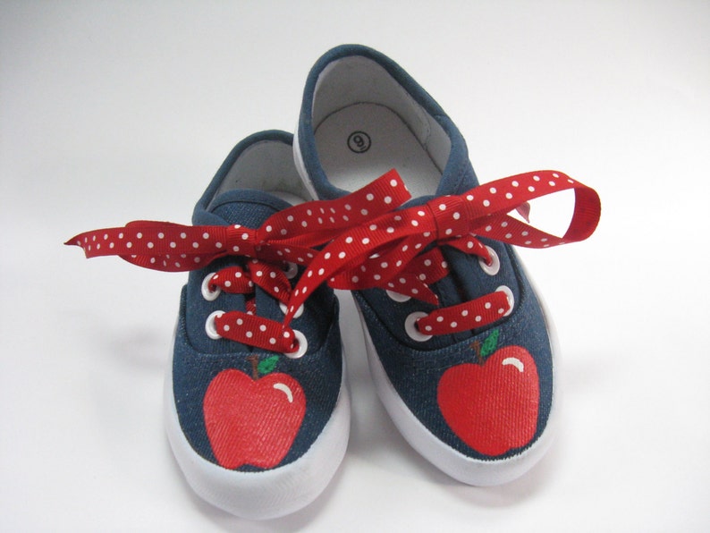 Red Apple Shoes Hand Painted Blue Denim 