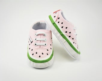 Watermelon Crib Shoes, Hand Painted Pink Slip Ons For Infants or Babies