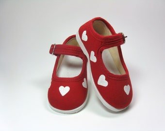 Valentine Shoes with White Hearts, Hand Painted Red Mary Jane's for Toddlers