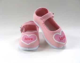 Valentine Heart Pink Shoes, Hand Painted Mary Jane's for Toddlers