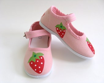 Strawberry Shoes, Pink Mary Jane's Hand Painted For Toddler Size 8