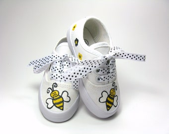 Bumble Bee Shoes, Hand Painted White Sneakers for Baby or Toddler