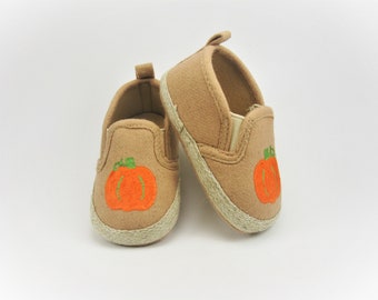 Pumpkin Crib Shoes, Thanksgiving Hand Painted Baby Moccasins