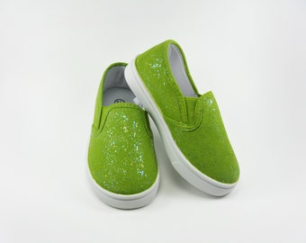 Avocado Green Glitter Slip On Shoes, Hand Painted for Toddlers Size 5/6