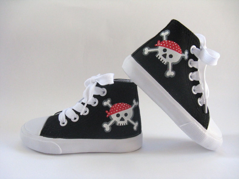 Pirate Shoes Skull and Crossbones on Black Hi Top Sneakers image 0
