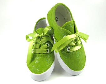 Avocado Green Glitter Shoes, St Patrick's Sparkle Sneakers Hand Painted for Baby or Toddler