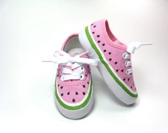 Watermelon Shoes, One in a Melon Pink Sneakers Hand Painted for Toddlers