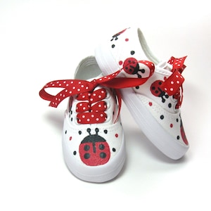 Red Ladybug Shoes, Hand Painted  White Sneakers for Baby and Toddlers