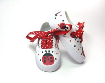 Red Ladybug Shoes, Hand Painted White Sneakers for Baby and
