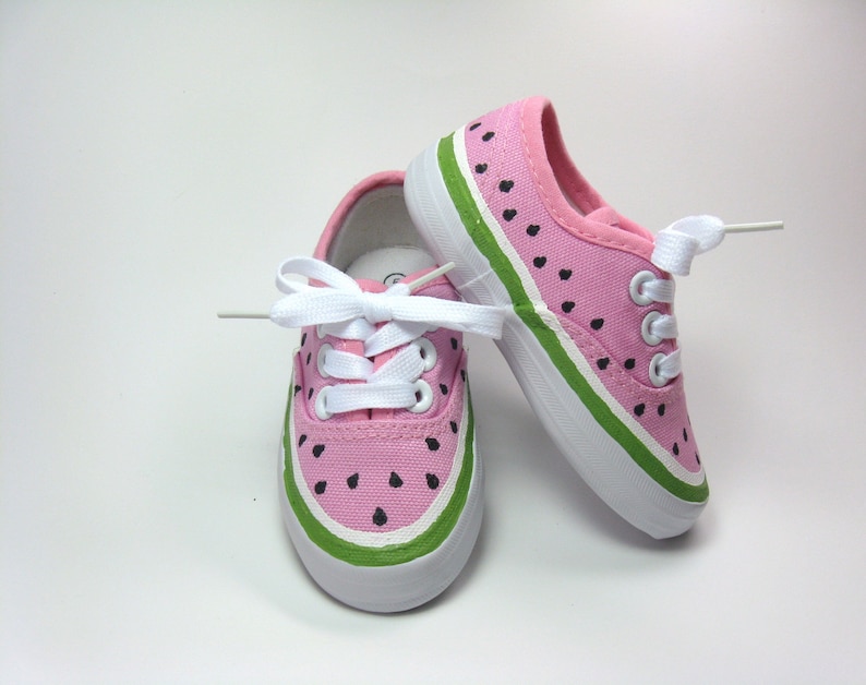 Watermelon Shoes, One in a Melon Pink Sneakers Hand Painted for Baby and Toddlers image 1