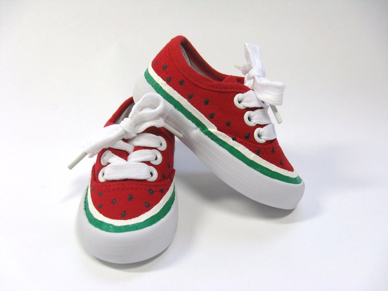 Watermelon Shoes, Hand Painted Red Sneakers for Toddlers, One in a Melon Party image 1