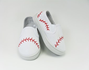 Baseball Slip On Shoes, Hand Painted White Canvas Sneakers for Toddlers