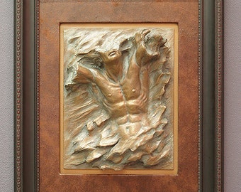 framed nude male female bronze figure sculpture, male relief flyte