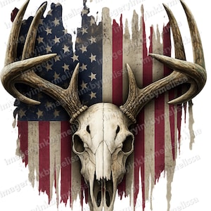 May include: A graphic design featuring a deer skull with large antlers, superimposed over a distressed American flag. The flag's stars and stripes are visible, with a weathered, vintage aesthetic.