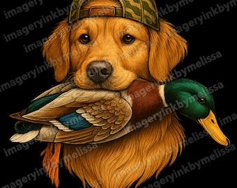 May include: A digital illustration of a Golden Retriever wearing a camouflage baseball cap and holding a mallard duck in its mouth. The dog has brown eyes and golden fur. The duck has brown, blue, green, and yellow feathers. The background is black.