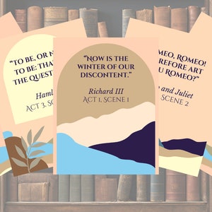 May include: Five printable bookmarks with quotes from famous plays. Each bookmark features a different quote, play title, and act and scene number. The bookmarks have a peach background with abstract shapes in blue, brown, and purple.