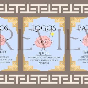 Könnte beinhalten: Drei illustrierte Gehirne mit Brillen und unterschiedlichen Gesichtsausdrücken repräsentieren die drei Modi der Überzeugung: Ethos, Logos und Pathos. Jedes Gehirn ist mit seinem entsprechenden Begriff und einer kurzen Beschreibung seiner Bedeutung beschriftet.