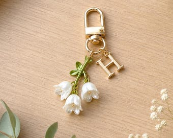 Customized Initials Handmade Lily of The Valley Keyring Gift, Mini Lily of The Valley Keychain Pendant, Personalized Lily of The Valley Gift