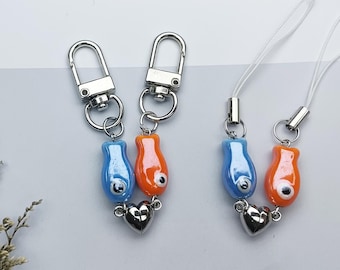Handmade Couple Magnetic Matching Fish Keychain Set Gift, Exquisite Ceramic Fish Magnetic Heart-Shaped Mobile Phone Charm, Lucky Cute Gifts.