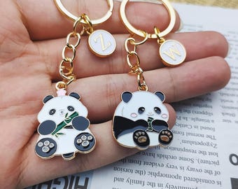 Personalized Cute Panda Keychain Decorative Accessories Gift, Custom Initials Panda Bamboo Keychain Gift, Mini Panda Keychain Jewelry Gifts.