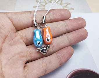 Mini Couple Magnetic Matching Fish Keychain Set, Exquisite Ceramic Fish Magnetic Heart Shaped Charm, Lucky Cute Gift. Couple Animal Keychain