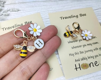 Benutzerdefinierte Initialen Biene Schlüsselbund Grußkarte Set Geschenk, personalisierte süße Biene Schlüsselbund Grußkarte Set, Mini Biene Gänseblümchen Schlüsselbund Grußkarte
