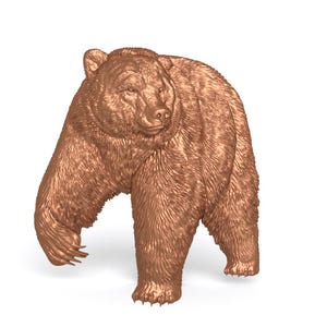 Könnte beinhalten: Eine bronzefarbene Bärenskulptur, die sich in einer Laufpose befindet. Der Bär hat eine detaillierte Fellstruktur und ist vor einem weißen Hintergrund platziert. Die Skulptur ist eine Darstellung eines Grizzlybären.