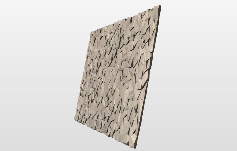 Angled wall view of 3D faceted rock texture panel, highlighting depth of the carved stone facets. CNC router-ready STL file for sign makers using Aspire, EnRoute, or Fusion 360 who need a bold rock background for dimensional signs and wall panels.