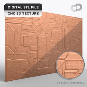 May include: A copper-colored, geometric CNC 3D texture panel. The panel features a repeating pattern of angular shapes and lines. The text "DIGITAL STL FILE" and "CNC 3D TEXTURE" is displayed on a black and white banner. A zoomed-in detail is shown.